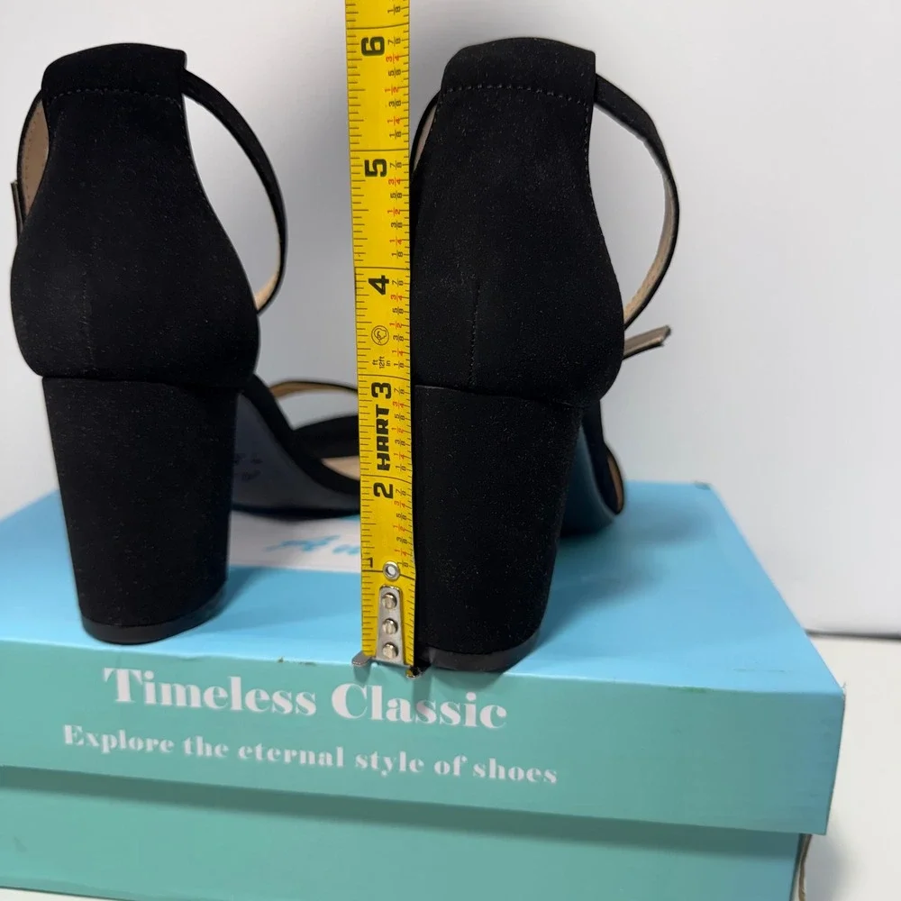 Ankis Women Black Faux Suede Block Heel Ankle Strap‎ Sandals Size 7.5 Open Toe